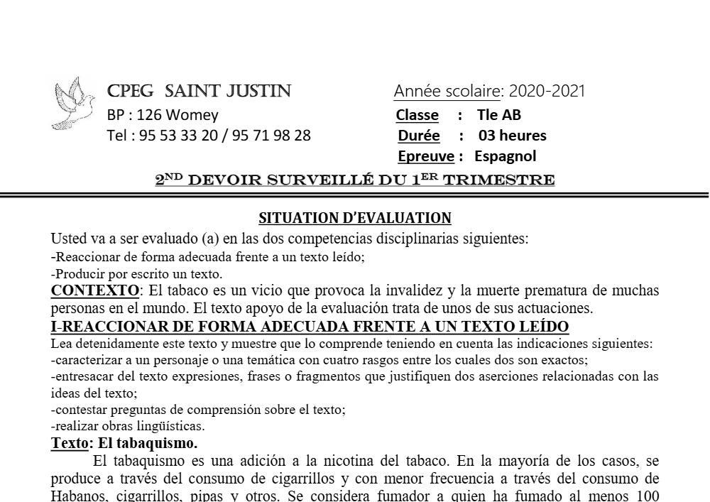 Aperçu de la première page — Tle Espagnol 2ème Devoir 1er Trimestre CPEG Saint Justin 2020 2021