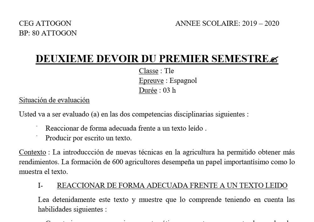 Aperçu de la première page — Tle Espagnol 2ème Devoir 2ème Semestre CEG Attogon 2019 2020