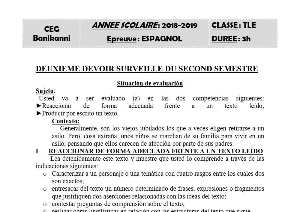 Aperçu de la première page — Tle Espagnol 2ème Devoir 2ème Semestre CEG Banikanni 2018 2019