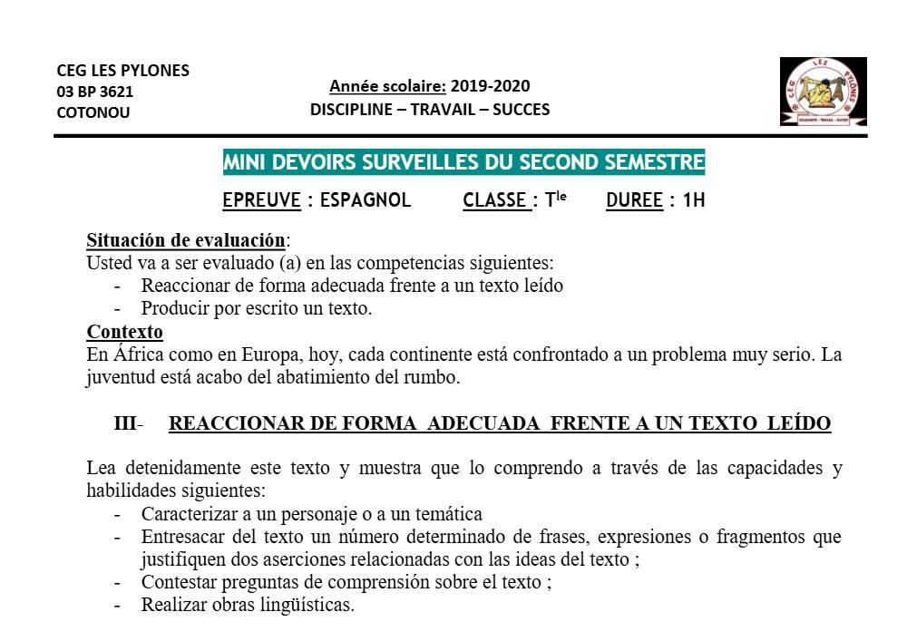 Aperçu de la première page — Tle Espagnol 2ème Devoir 2ème Semestre CEG Les Pylônes 2019 2020