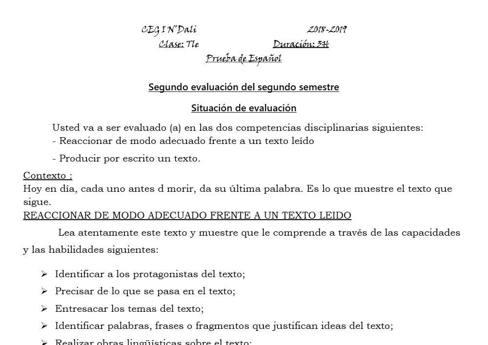 Aperçu de la première page — Tle Espagnol 2ème Devoir 2ème Semestre CEG N'Dali 2018 2019