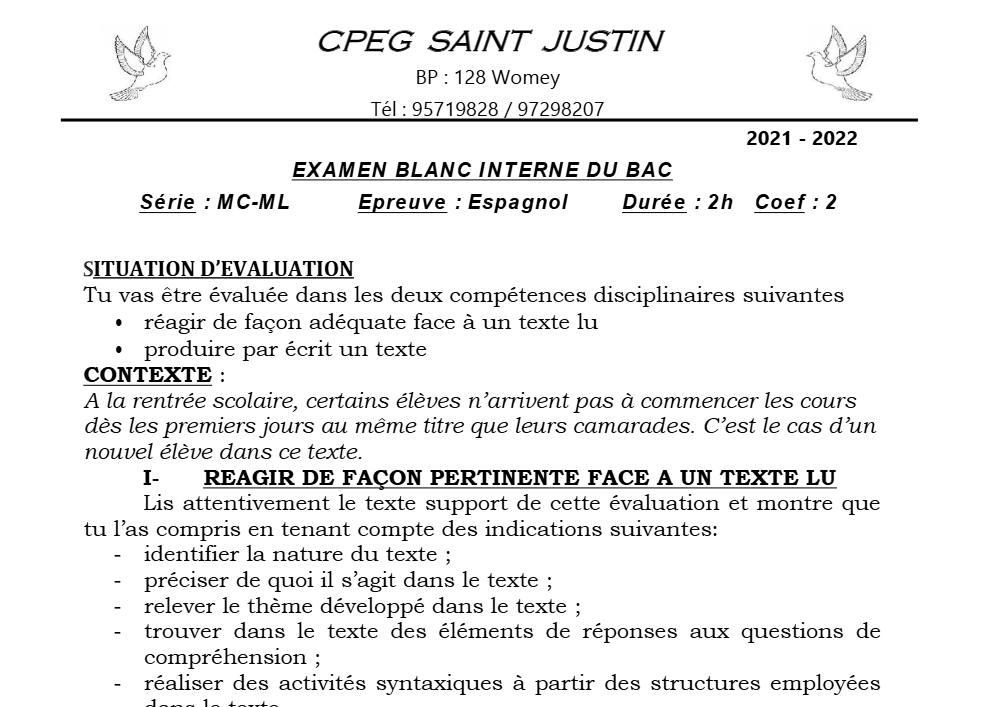 Aperçu de la première page — Tle Espagnol BAC Blanc Interne Mc Ml CPEG Saint Justin 2021 2022