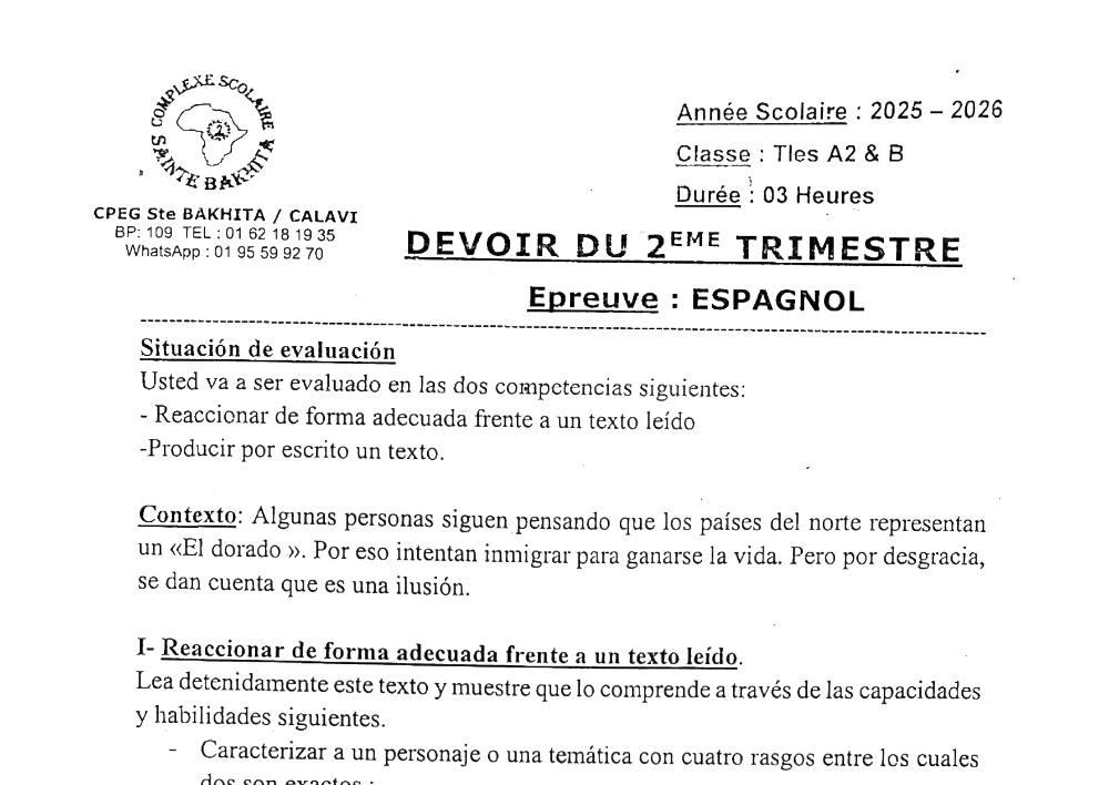Aperçu de la première page — Tle Espagnol Devoir 2ème Trimestre CPEG Ste Bakhita Janvier 2026
