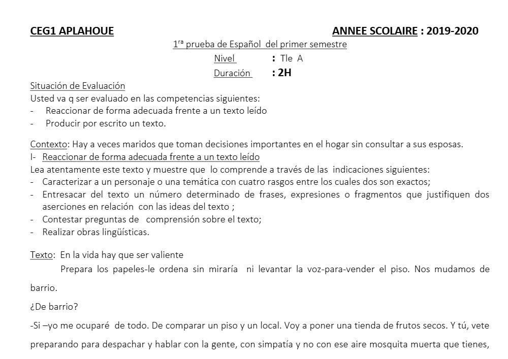 Aperçu de la première page — Tle A1 A2 Espagnol 1er Devoir 1er Semestre CEG1 Aplahoué 2019 2020