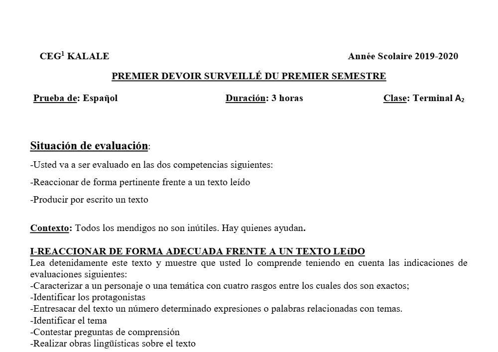 Aperçu de la première page — Tle A1 A2 Espagnol 1er Devoir 1er Semestre CEG1 Kalalé 2019 2020