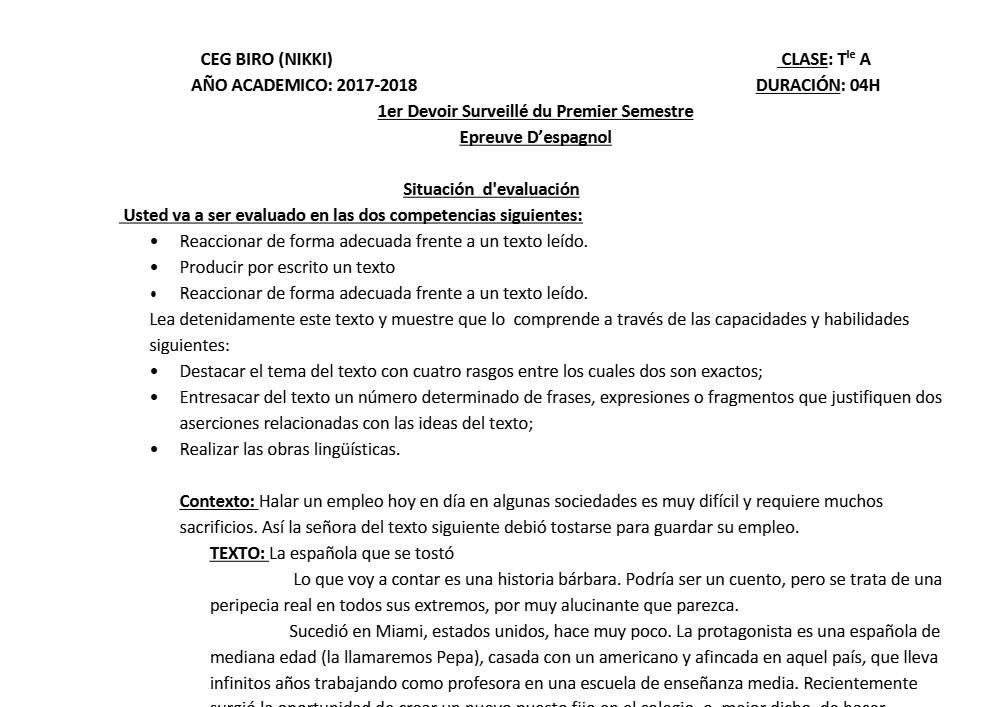 Aperçu de la première page — Tle A1 A2 Espagnol 1er Devoir 1er Semestre CEG Biro 2017 2018