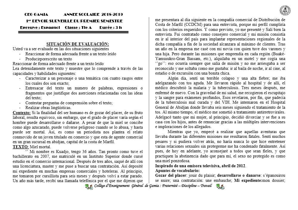 Aperçu de la première page — Tle A1 A2 Espagnol 1er Devoir 1er Semestre CEG Gamia 2018 2019