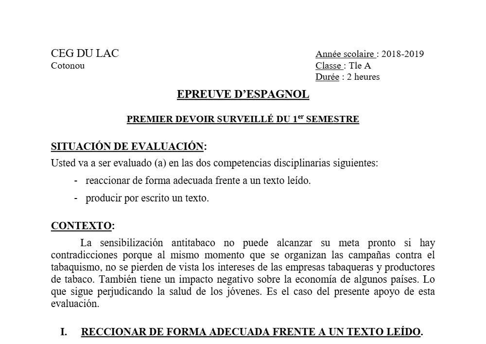 Aperçu de la première page — Tle A1 A2 Espagnol 1er Devoir 1er Semestre CEG Lac 2018 2019