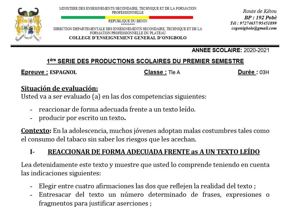 Aperçu de la première page — Tle A1 A2 Espagnol 1er Devoir 1er Semestre CEG Onigbolo 2020 2021