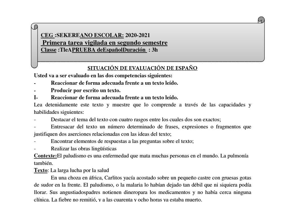 Aperçu de la première page — Tle A1 A2 Espagnol 1er Devoir 1er Semestre CEG Sékéré 2020 2021