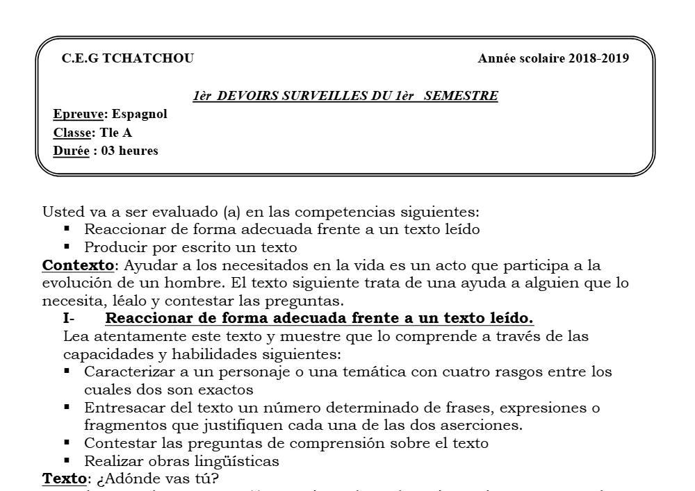 Aperçu de la première page — Tle A1 A2 Espagnol 1er Devoir 1er Semestre CEG Tchatchou 2018 2019