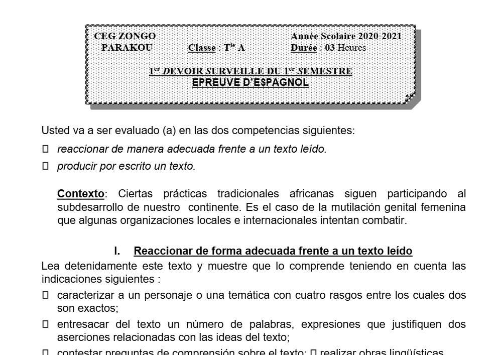 Aperçu de la première page — Tle A1 A2 Espagnol 1er Devoir 1er Semestre CEG Zongo 2020 2021