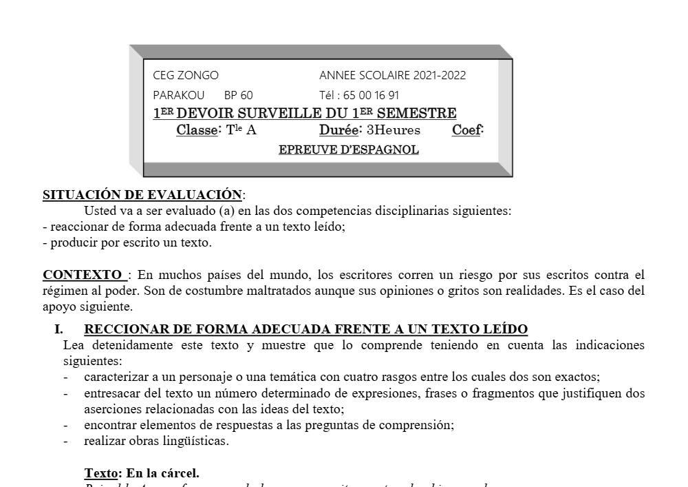 Aperçu de la première page — Tle A1 A2 Espagnol 1er Devoir 1er Semestre CEG Zongo 2021 2022