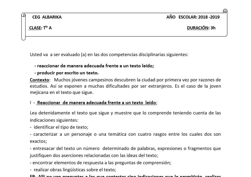 Aperçu de la première page — Tle A1 A2 Espagnol 1er Devoir 2ème Semestre CEG Albarika 2018 2019