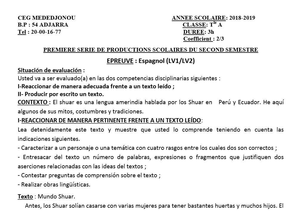 Aperçu de la première page — Tle A1 A2 Espagnol 1er Devoir 2ème Semestre CEG Mededjonou 2018 2019