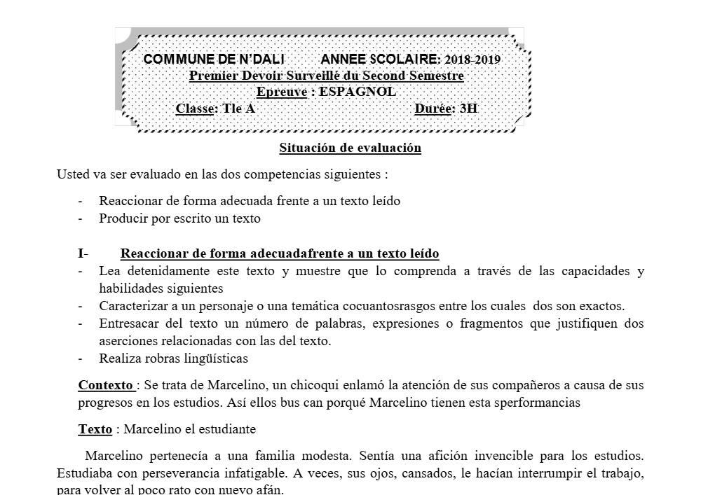 Aperçu de la première page — Tle A1 A2 Espagnol 1er Devoir 2ème Semestre CEG N'Dali 2018 2019