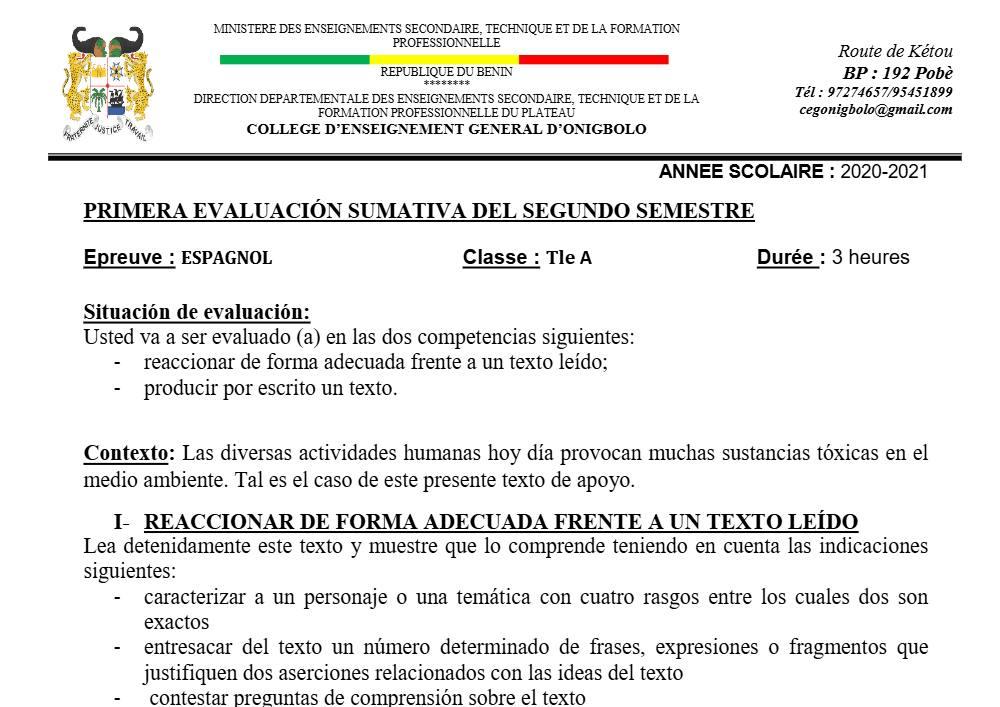 Aperçu de la première page — Tle A1 A2 Espagnol 1er Devoir 2ème Semestre CEG Onigbolo 2020 2021