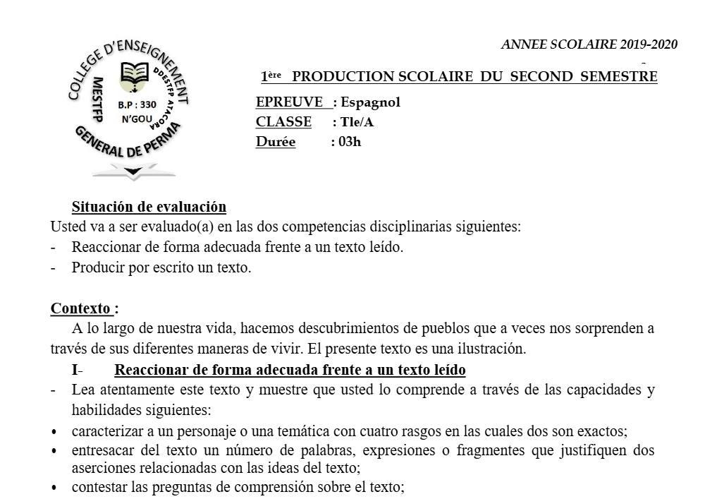 Aperçu de la première page — Tle A1 A2 Espagnol 1er Devoir 2ème Semestre CEG Perma 2019 2020