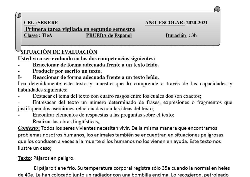 Aperçu de la première page — Tle A1 A2 Espagnol 1er Devoir 2ème Semestre CEG Sékéré 2020 2021