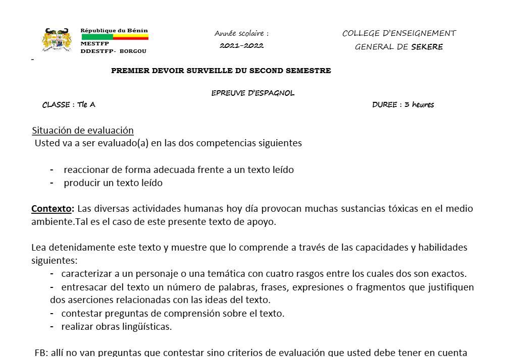 Aperçu de la première page — Tle A1 A2 Espagnol 1er Devoir 2ème Semestre CEG Sékéré 2021 2022