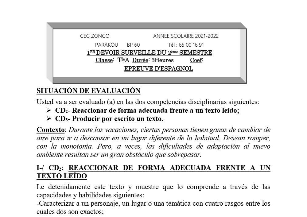 Aperçu de la première page — Tle A1 A2 Espagnol 1er Devoir 2ème Semestre CEG Zongo 2021 2022
