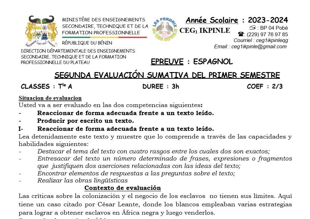 Aperçu de la première page — Tle A1 A2 Espagnol 2ème Devoir 1er Semestre CEG1 Ikpinlè 2023 2024