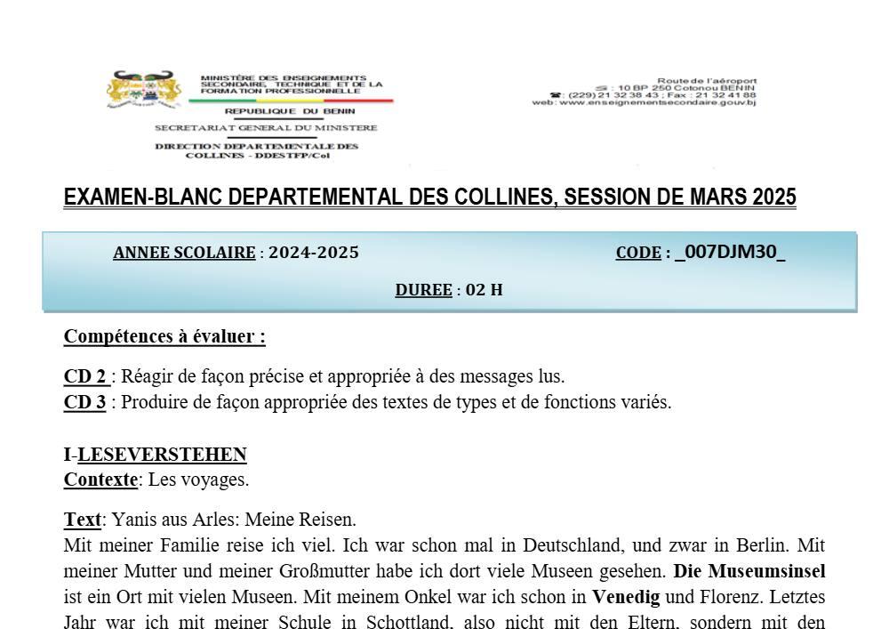 Aperçu de la première page — Allemand BEPC Blanc Collines 2025