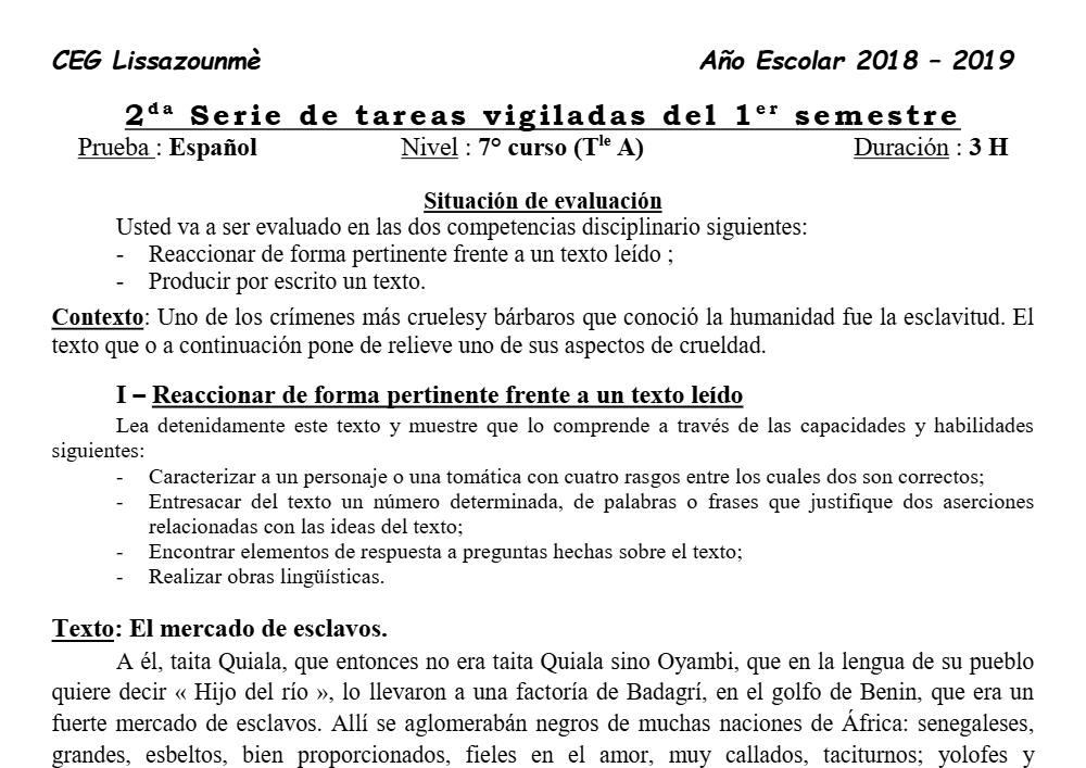 Aperçu de la première page — Tle A1 A2 Espagnol 2ème Devoir 1er Semestre CEG Lissazounme 2018 2019