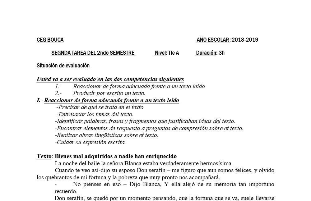Aperçu de la première page — Tle A1 A2 Espagnol 2ème Devoir 2ème Semestre CEG Bouca 2018 2019