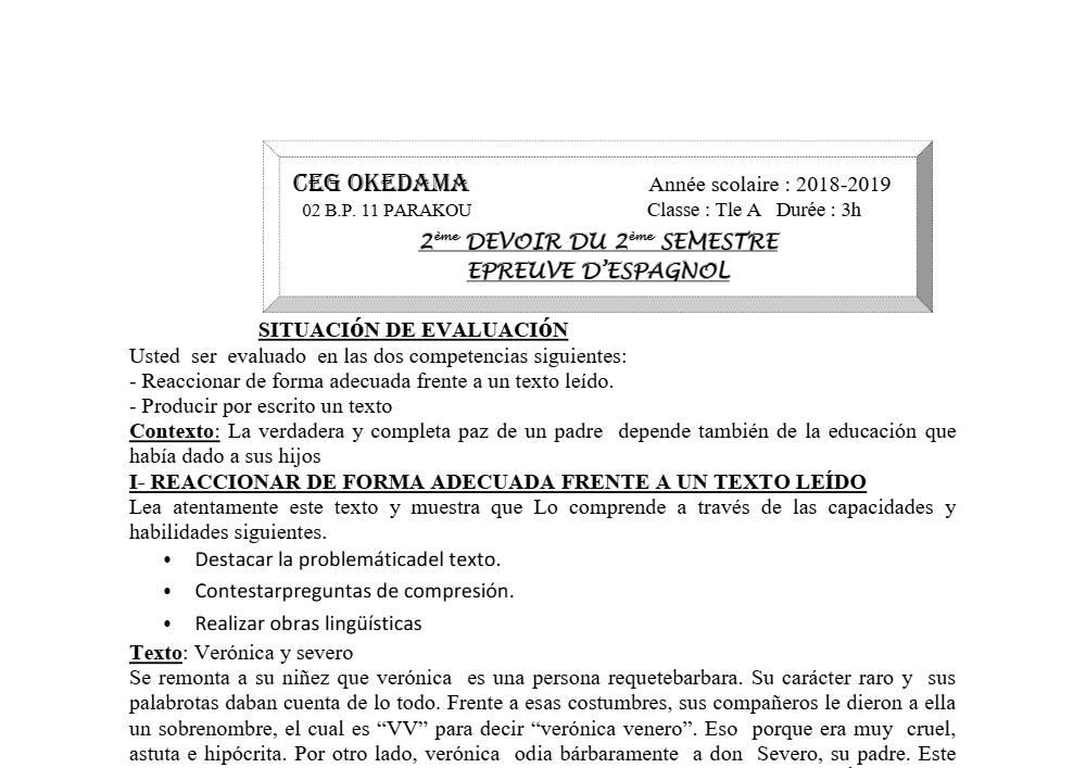 Aperçu de la première page — Tle A1 A2 Espagnol 2ème Devoir 2ème Semestre CEG Okedama 2018 2019