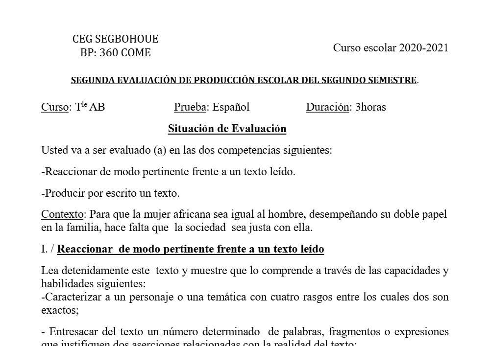 Aperçu de la première page — Tle A1 A2 Espagnol 2ème Devoir 2ème Semestre CEG Segbohoue 2020 2021
