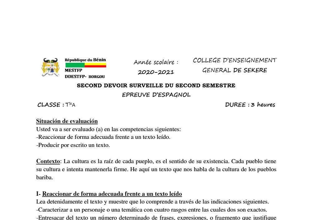 Aperçu de la première page — Tle A1 A2 Espagnol 2ème Devoir 2ème Semestre CEG Sékéré 2020 2021