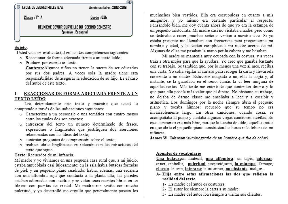 Aperçu de la première page — Tle A1 A2 Espagnol 2ème Devoir 2ème Semestre Lycée Jeunes Filles 2018 2019