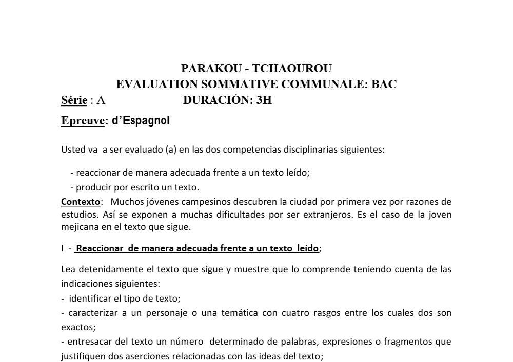 Aperçu de la première page — Tle A1 A2 Espagnol Devoir Commune Tchaourou 2018 2019