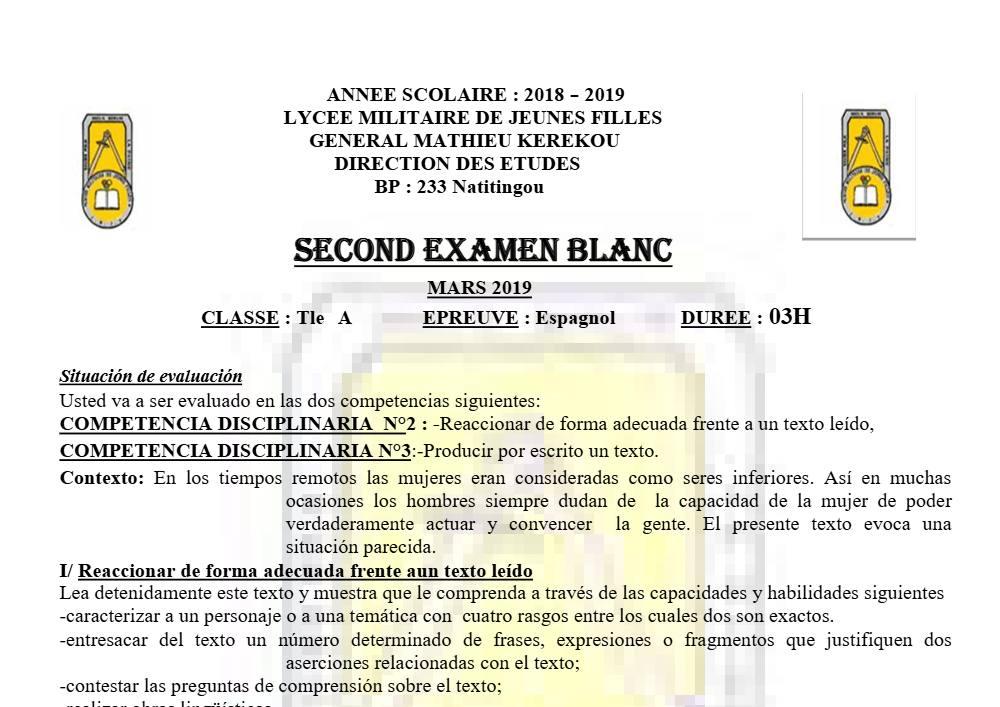 Aperçu de la première page — Tle A1 A2 Espagnol Devoir Lmjf Natitingou 2018 2019