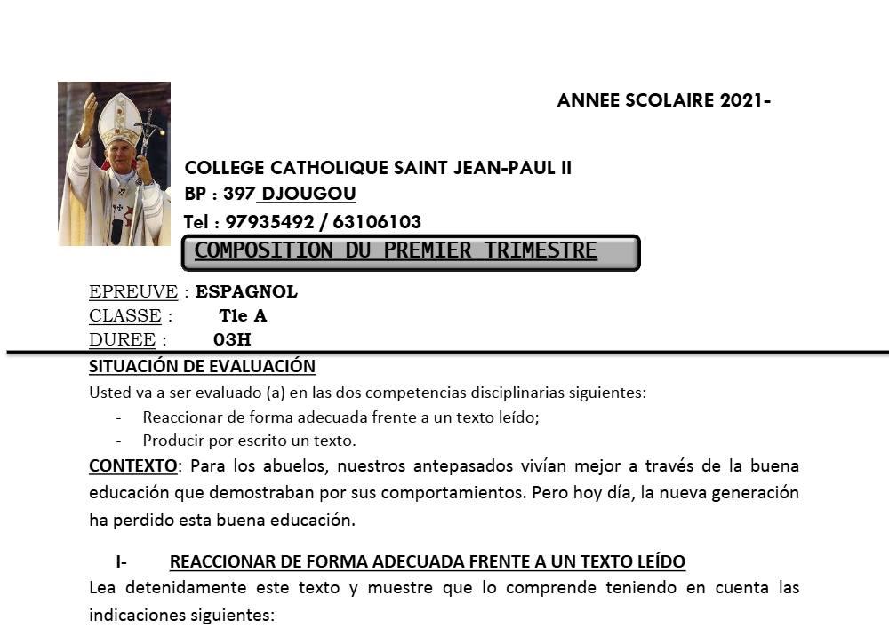 Aperçu de la première page — Tle A1 A2 Espagnol Devoir 1er Trimestre Collège Catholique Saint Jean Paul II 2021 2022