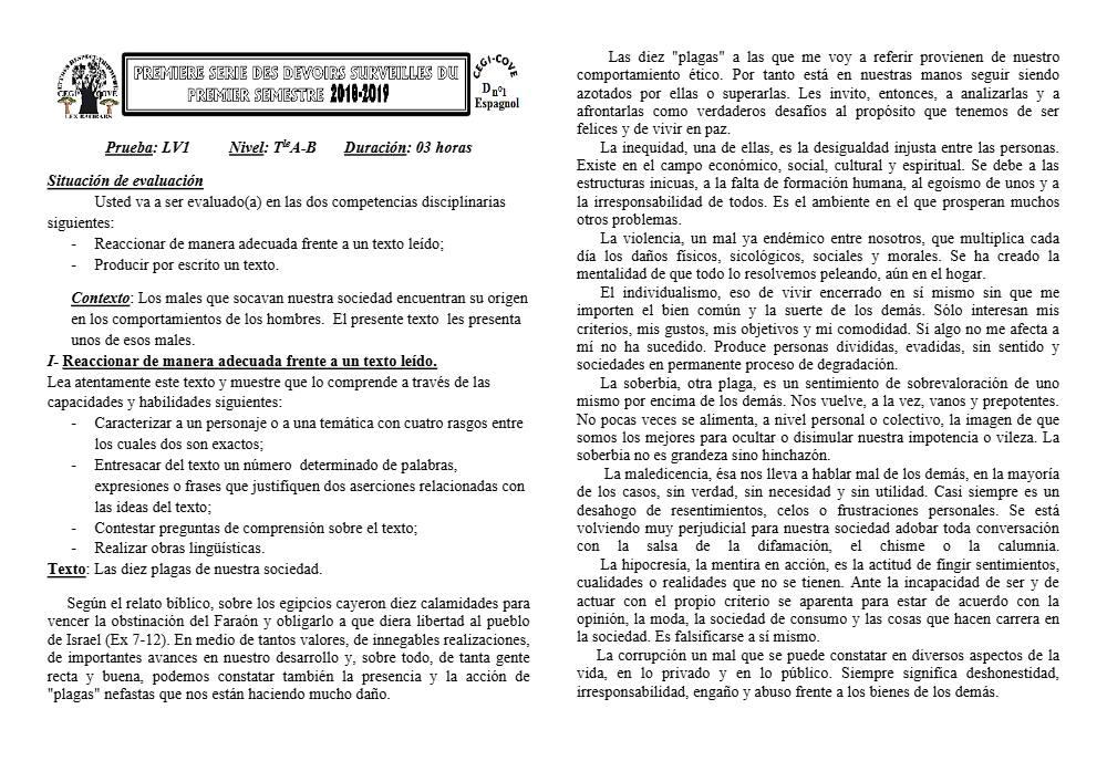 Aperçu de la première page — Tle A1 A2 B Espagnol 1er Devoir 1er Semestre CEG1 Cove 2018 2019