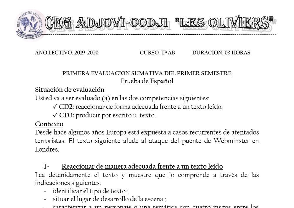 Aperçu de la première page — Tle A1 A2 B Espagnol 1er Devoir 1er Semestre CEG Adjovi Codji 2019 2020