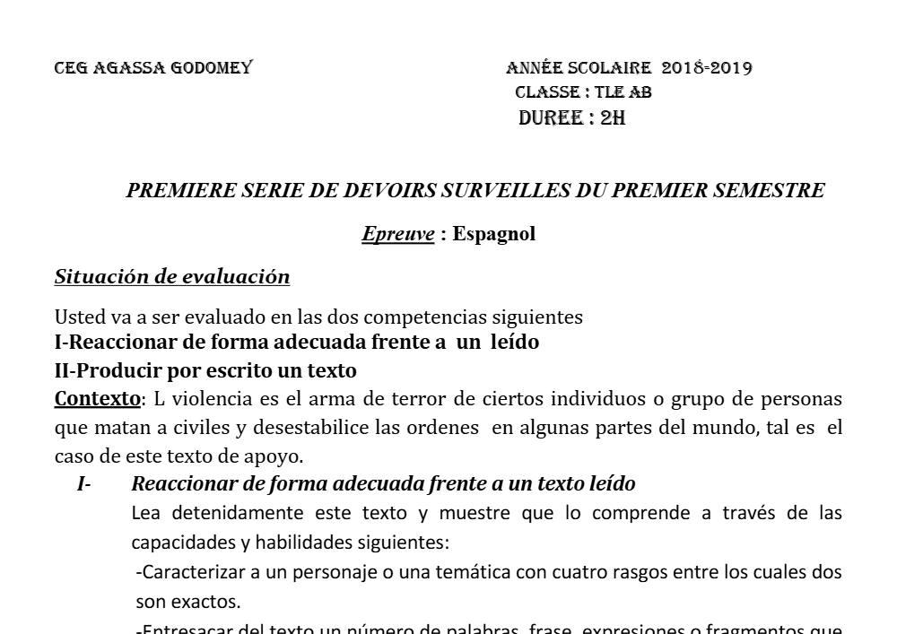 Aperçu de la première page — Tle A1 A2 B Espagnol 1er Devoir 1er Semestre CEG Agassa Godomey 2018 2019