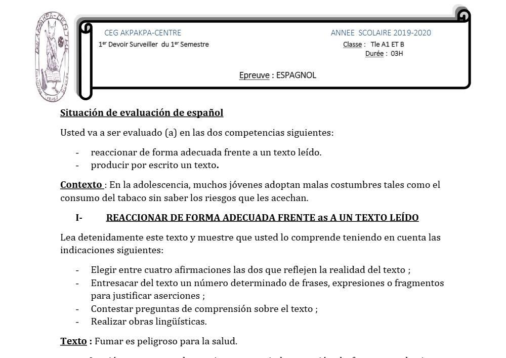 Aperçu de la première page — Tle A1 A2 B Espagnol 1er Devoir 1er Semestre CEG Akpakpa 2019 2020