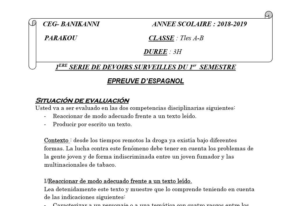 Aperçu de la première page — Tle A1 A2 B Espagnol 1er Devoir 1er Semestre CEG Banikanni 2018 2019