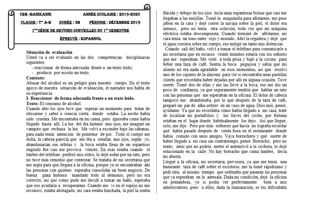 Aperçu de la première page — Tle A1 A2 B Espagnol 1er Devoir 1er Semestre CEG Banikanni 2019 2020