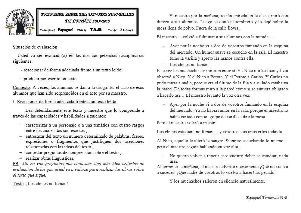 Aperçu de la première page — Tle A1 A2 B Espagnol 1er Devoir 1er Semestre CEG Cove 2017 2018