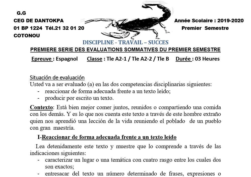 Aperçu de la première page — Tle A1 A2 B Espagnol 1er Devoir 1er Semestre CEG Dantokpa 2019 2020 (2)