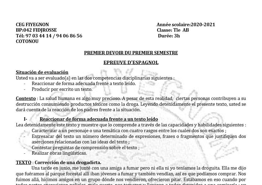 Aperçu de la première page — Tle A1 A2 B Espagnol 1er Devoir 1er Semestre CEG Fiyegnon 2020 2021