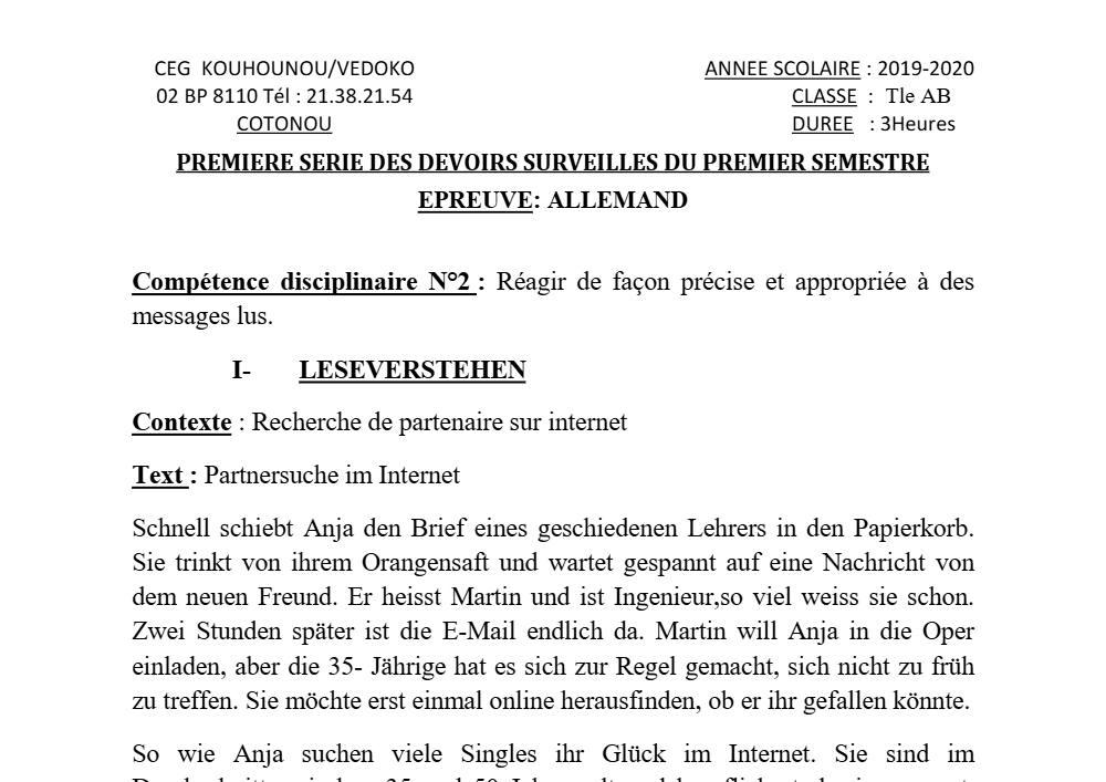 Aperçu de la première page — Tle A1 A2 B Espagnol 1er Devoir 1er Semestre CEG K Vedoko 2019 2020