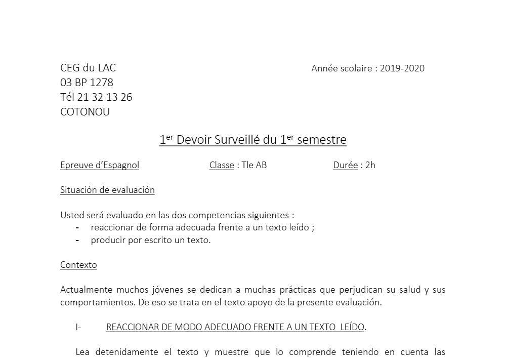 Aperçu de la première page — Tle A1 A2 B Espagnol 1er Devoir 1er Semestre CEG Lac 2019 2020