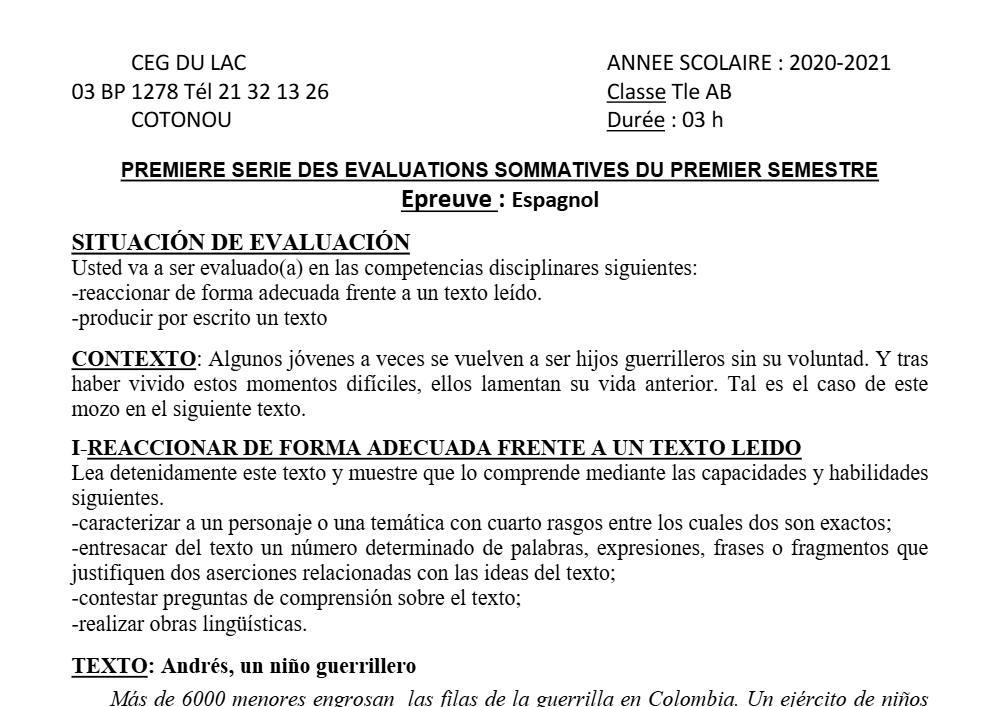 Aperçu de la première page — Tle A1 A2 B Espagnol 1er Devoir 1er Semestre CEG Lac 2020 2021
