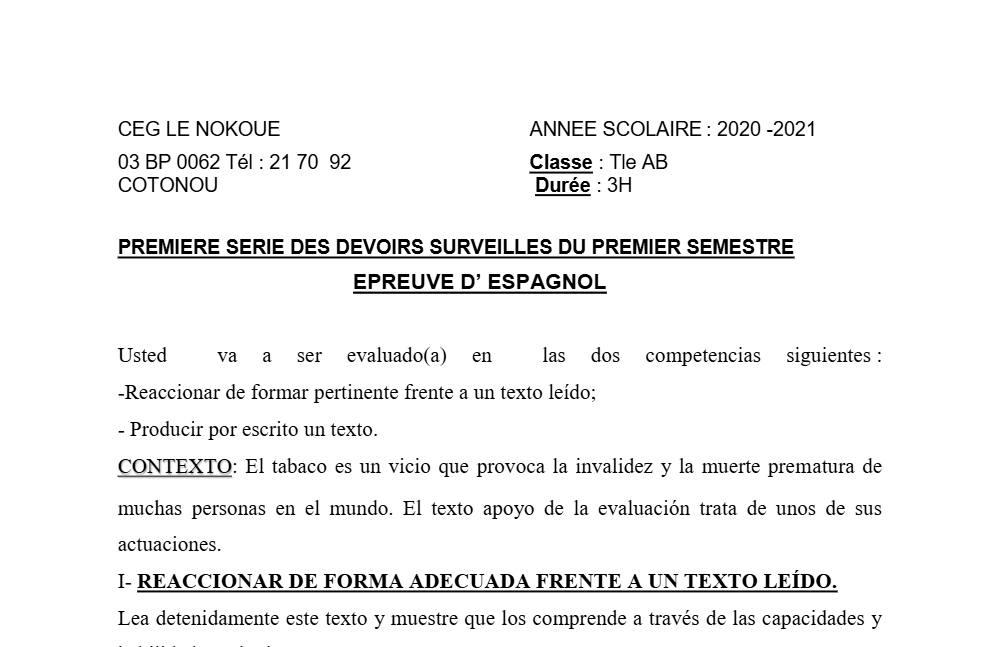 Aperçu de la première page — Tle A1 A2 B Espagnol 1er Devoir 1er Semestre CEG Le Nokoué 2020 2021