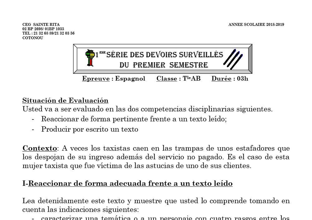 Aperçu de la première page — Tle A1 A2 B Espagnol 1er Devoir 1er Semestre CEG Okedama 2018 2019